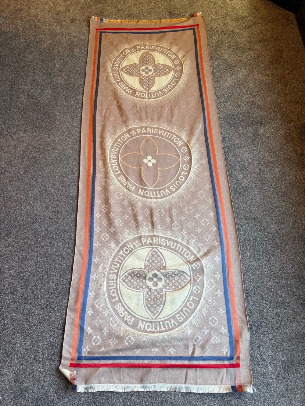 Louis Vuitton Beige Scarf with Red & Blue Trim